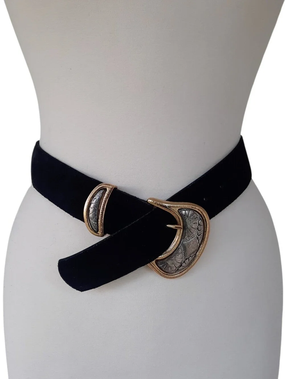 Vtg Black Wide Suede Belt w/Antique Silver-Gold Buckle & Loop Sz S Made In Italy